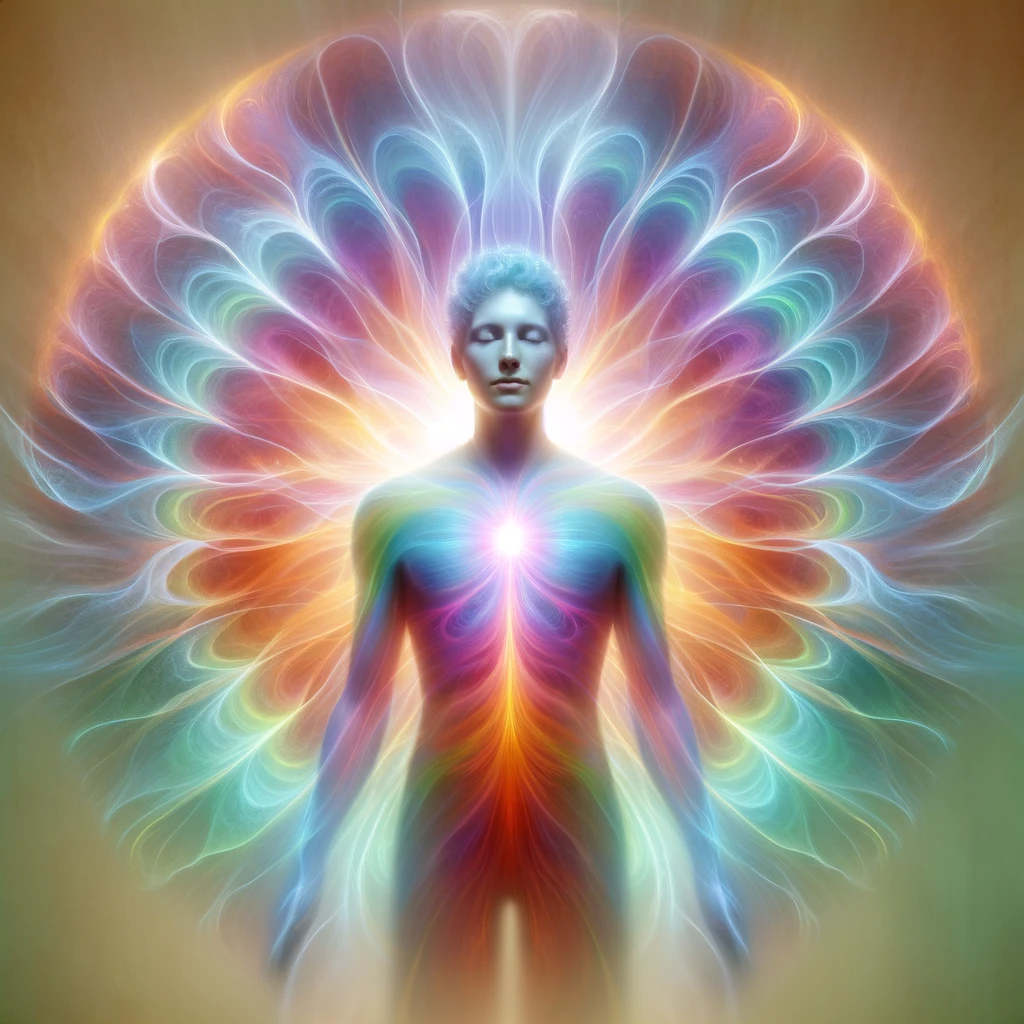 DALL·E 2024-01-22 12.50.51 - Image of a person standing in a tranquil pose with a radiant, colorful aura surrounding them. The person is centered in the image, with a peaceful exp