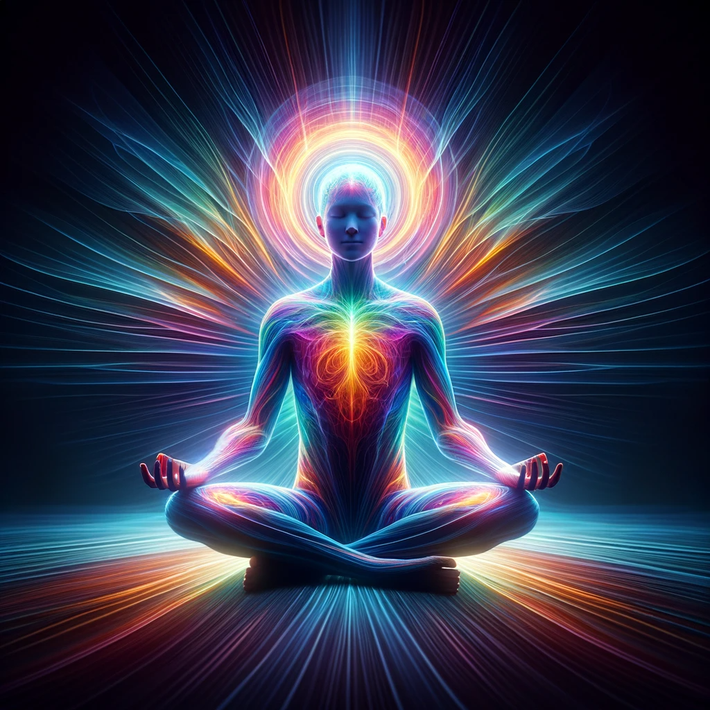 DALL·E 2024-01-22 12.51.56 - Image of a person in a meditative pose with a glowing, multi-colored aura. The individual is seated cross-legged, hands resting on their knees, with a